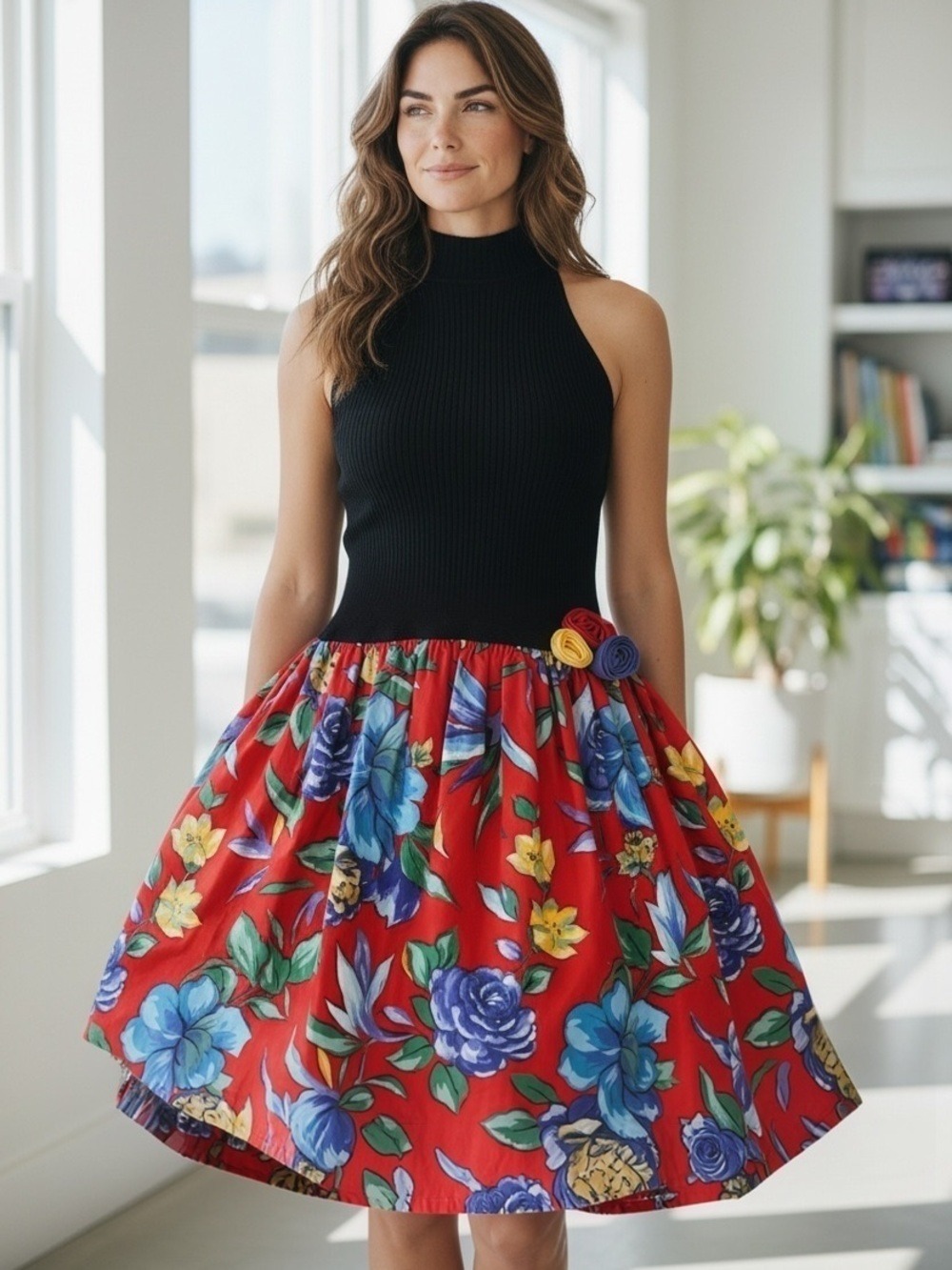 80s RED & BLACK MULTICOLOR TROPICAL MOCK NECK HALTER PETTICOAT DROP WAIST DRESS